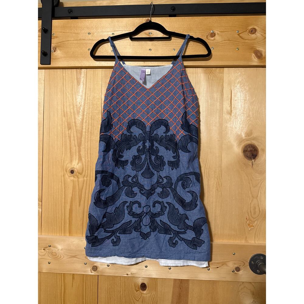 Alya Chambray Dress S Sundress Spaghetti String Denim Blue Embroidered Orange